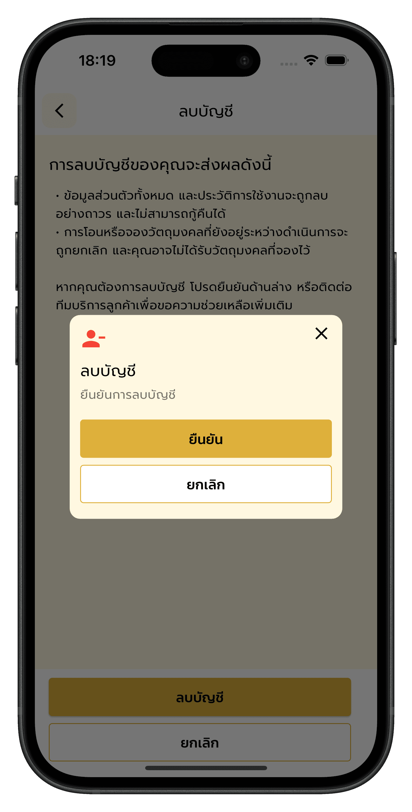หน้าจอ Popup ยืนยันการลบ